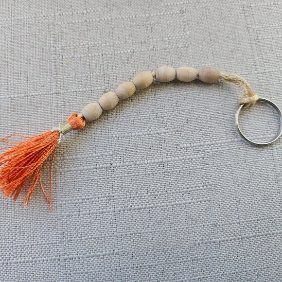 Keychain Real wood Beads Handmade 7 Beads Orange Tassel Keys Holder - Picture 1 of 11